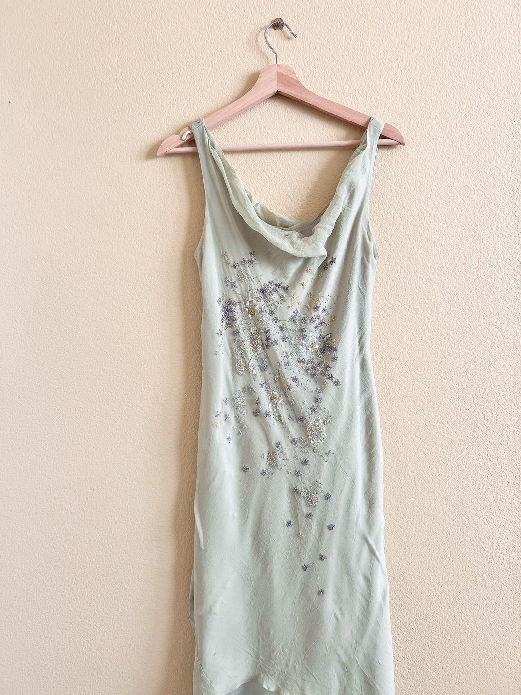 Pale Green Beaded Cowl Neck Dress - Size 12