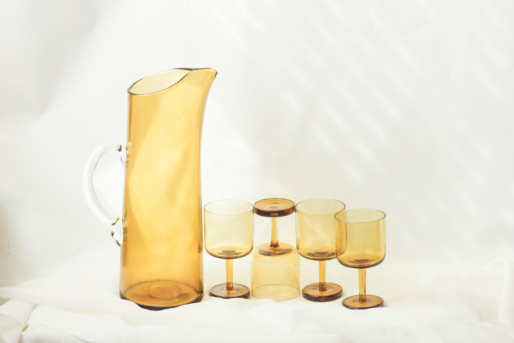 Mid Century Pitcher with Matching Amber Glasses