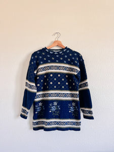 Navy Blue Floral Sweater - Size M