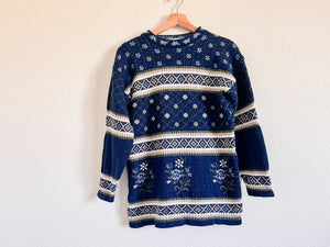 Navy Blue Floral Sweater - Size M