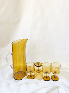 Mid Century Pitcher with Matching Amber Glasses