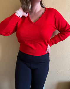 Cropped Red V-Neck Sweater - Size M