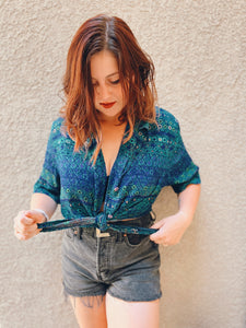 Tropical Blue Button Up- Size L