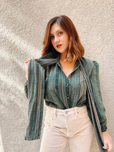 Striped Green Silk Blouse - Size 12