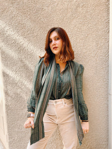 Striped Green Silk Blouse - Size 12