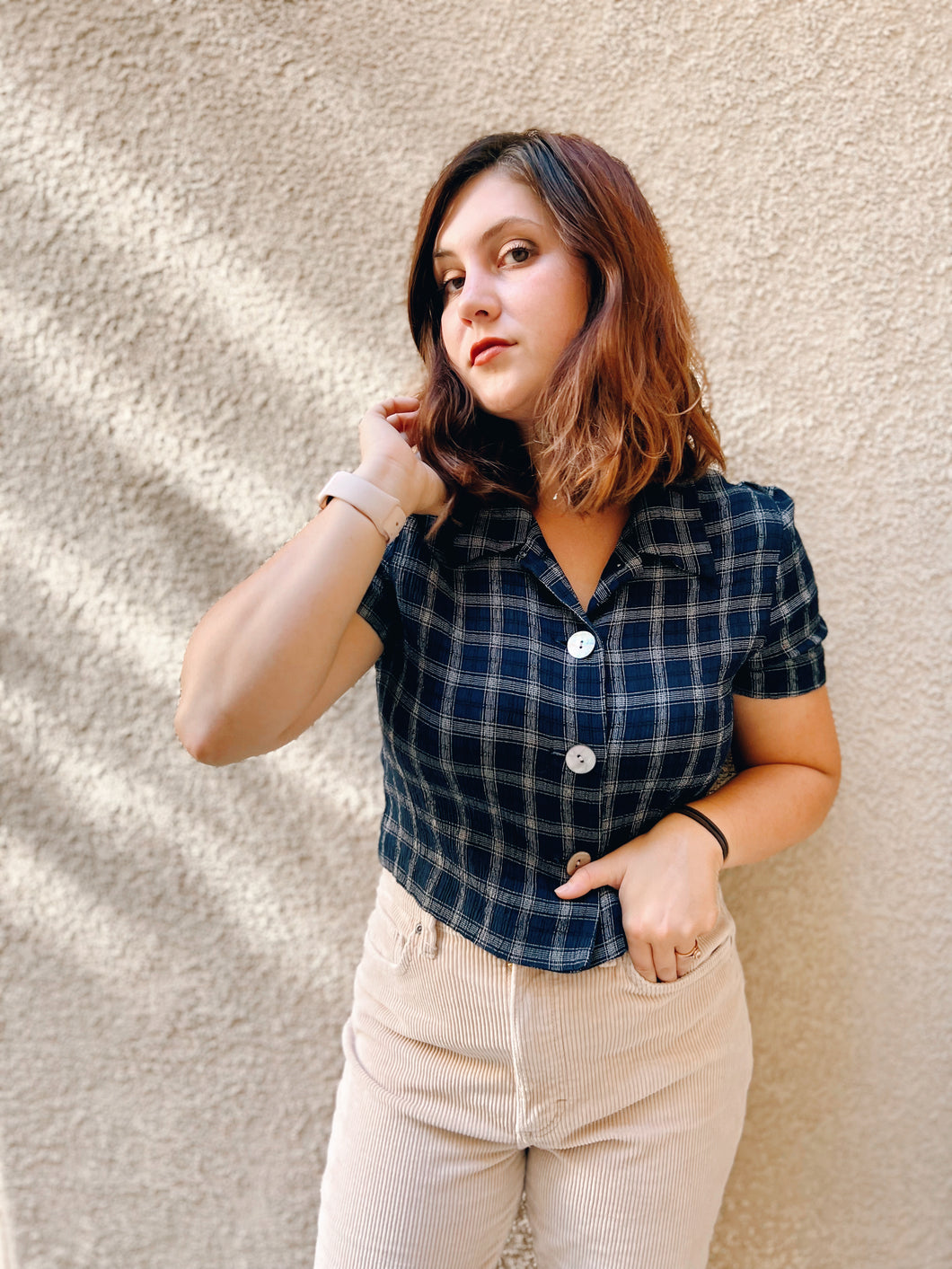 Little Blue Plaid Button Up - Size S