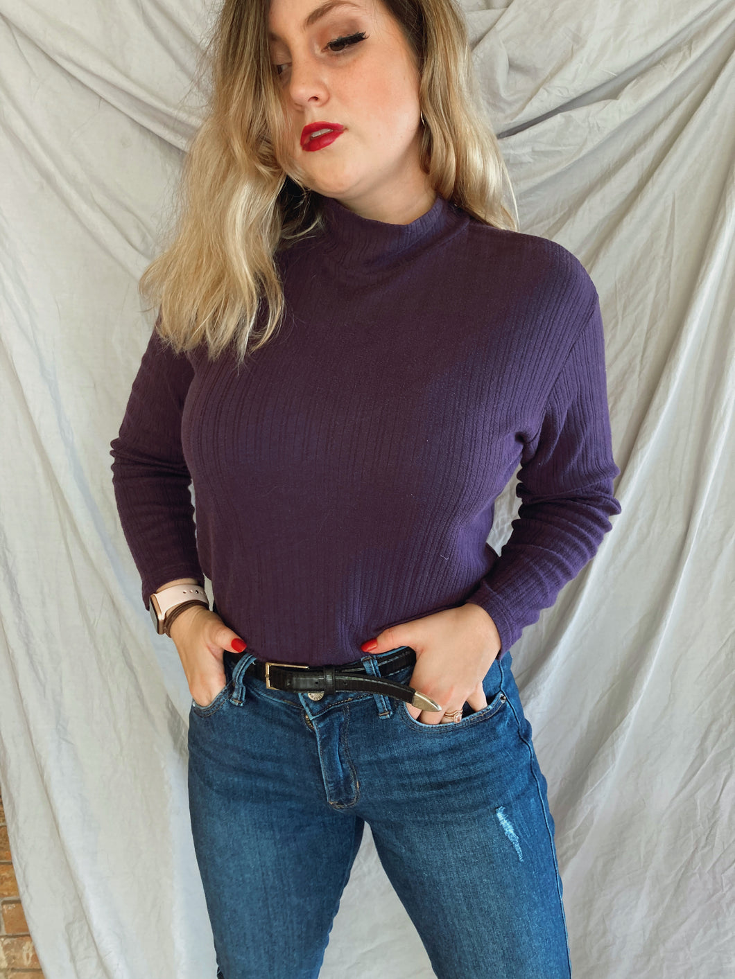 Purple Ribbed Turtleneck - Size Small