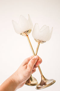 Brass and Frosted Glass Flower Candle Holders