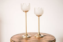 Load image into Gallery viewer, Brass and Frosted Glass Flower Candle Holders
