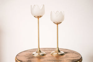 Brass and Frosted Glass Flower Candle Holders